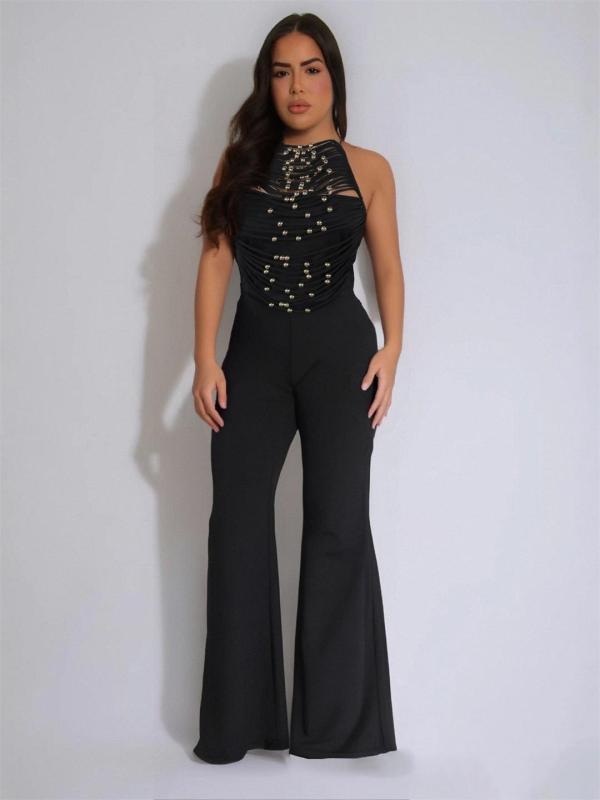 Black Halter Backless Lace Up Bandage Tassels Women Casual Sexy Jumpsuit
