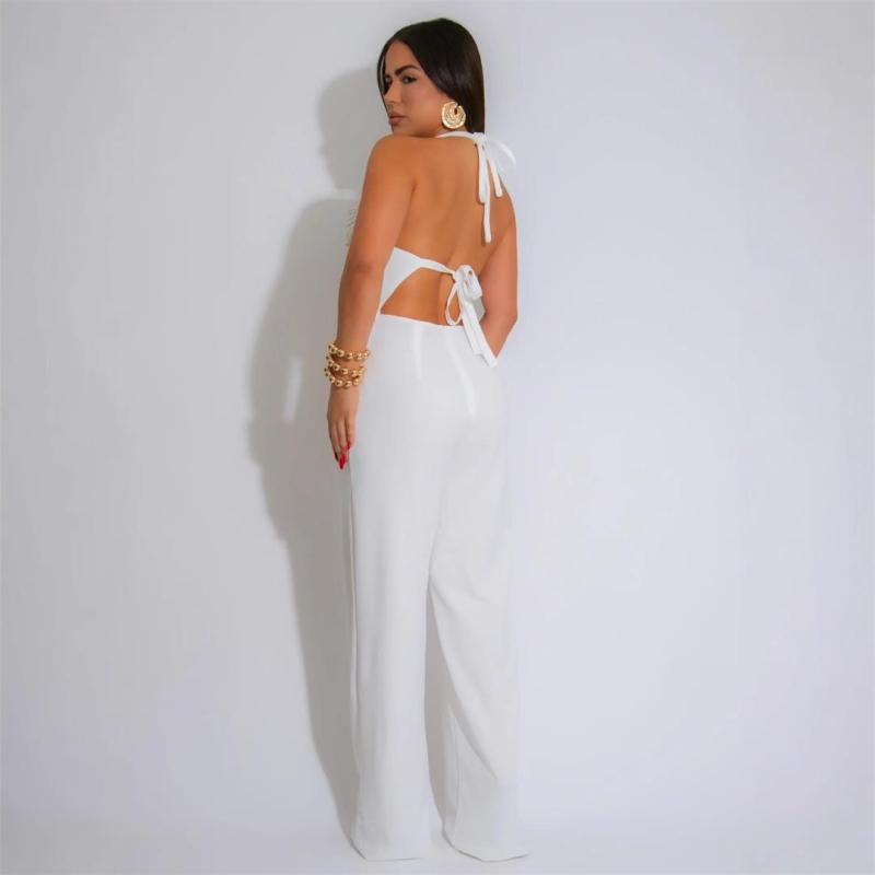 White Halter Backless Lace Up Bandage Tassels Women Casual Sexy Jumpsuit