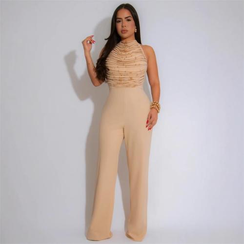 Khaki Halter Backless Lace Up Bandage Tassels Women Casual Sexy Jumpsuit
