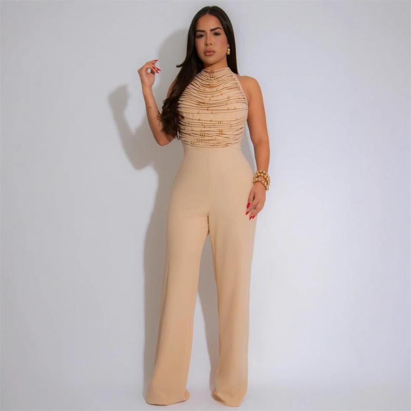 Khaki Halter Backless Lace Up Bandage Tassels Women Casual Sexy Jumpsuit