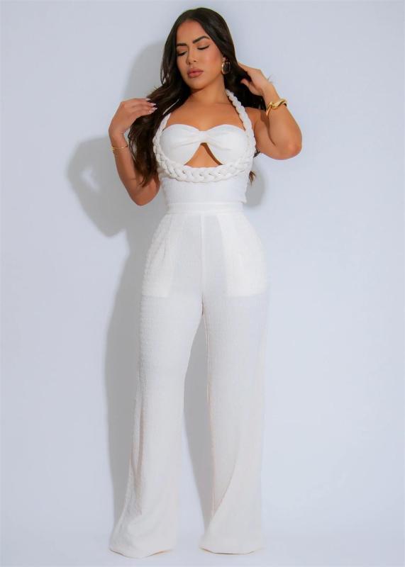 White Sleeveless Straps Low Cut Bodycon Weaving Bodycon Casual Jumpsuits