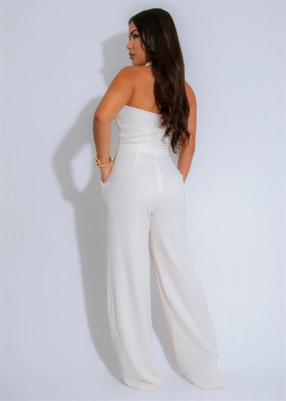White Sleeveless Straps Low Cut Bodycon Weaving Bodycon Casual Jumpsuits