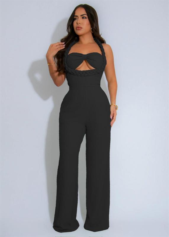 Black Sleeveless Straps Low Cut Bodycon Weaving Bodycon Casual Jumpsuits