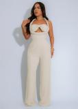 Beige Sleeveless Straps Low Cut Bodycon Weaving Bodycon Casual Jumpsuits