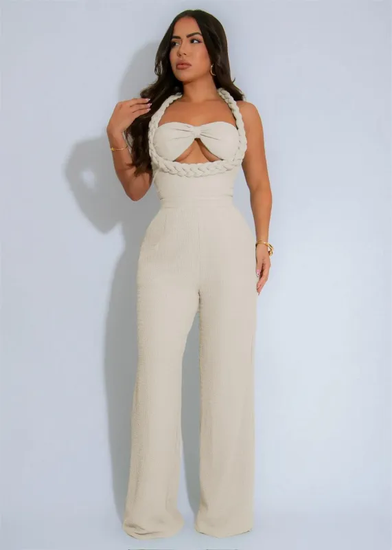 Beige Sleeveless Straps Low Cut Bodycon Weaving Bodycon Casual Jumpsuits