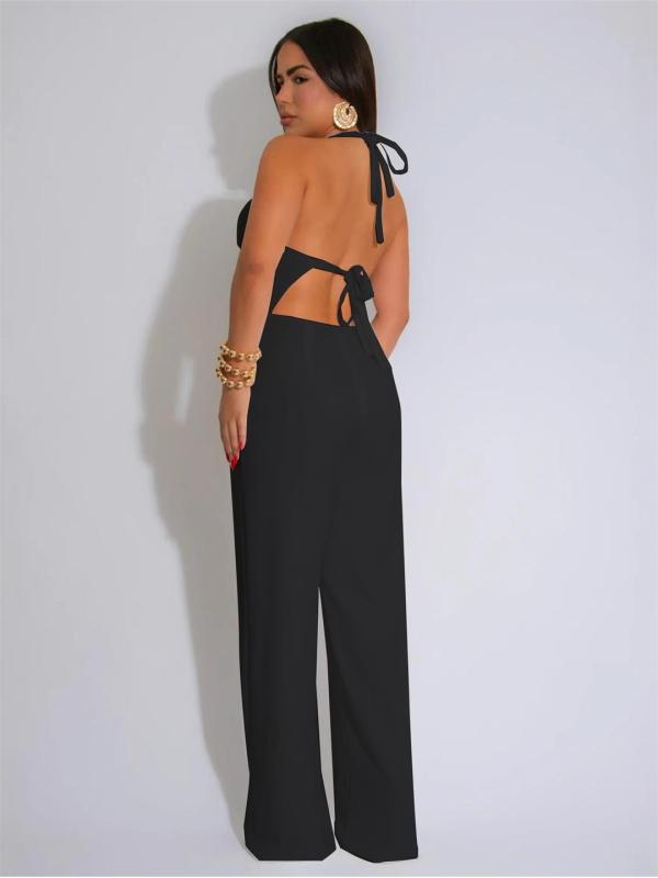 Black Halter Backless Lace Up Bandage Tassels Women Casual Sexy Jumpsuit