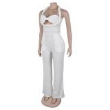 White Sleeveless Straps Low Cut Bodycon Weaving Bodycon Casual Jumpsuits