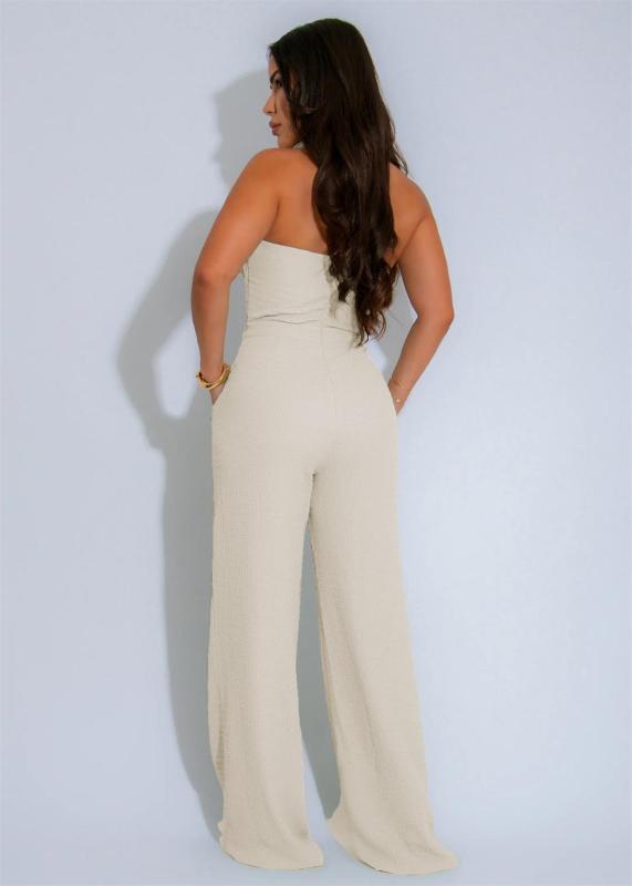 Beige Sleeveless Straps Low Cut Bodycon Weaving Bodycon Casual Jumpsuits