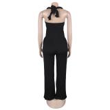 Black Sleeveless Straps Low Cut Bodycon Weaving Bodycon Casual Jumpsuits