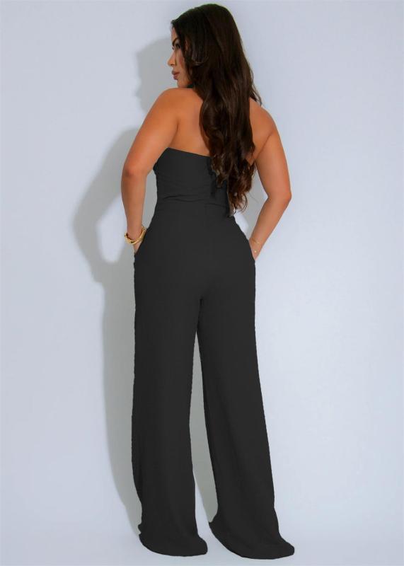 Black Sleeveless Straps Low Cut Bodycon Weaving Bodycon Casual Jumpsuits