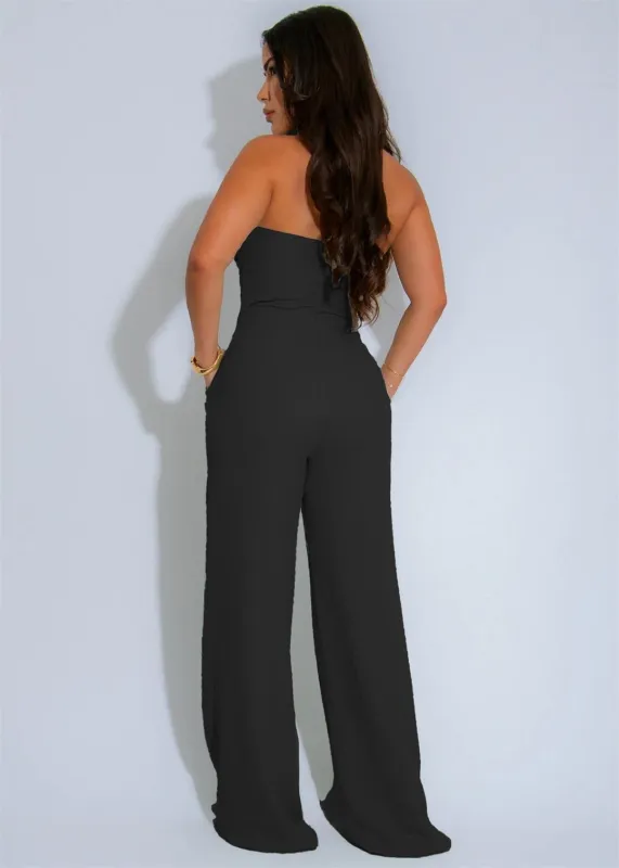 Black Sleeveless Straps Low Cut Bodycon Weaving Bodycon Casual Jumpsuits