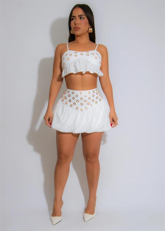 White Straps Sleeveless Ruffles Two Pieces Women Party Mini Skirt Dress