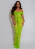 Green Off Shoulder Mesh Lace Lining Weaving Bandage Women Evening Birthday Party Maxi Dress