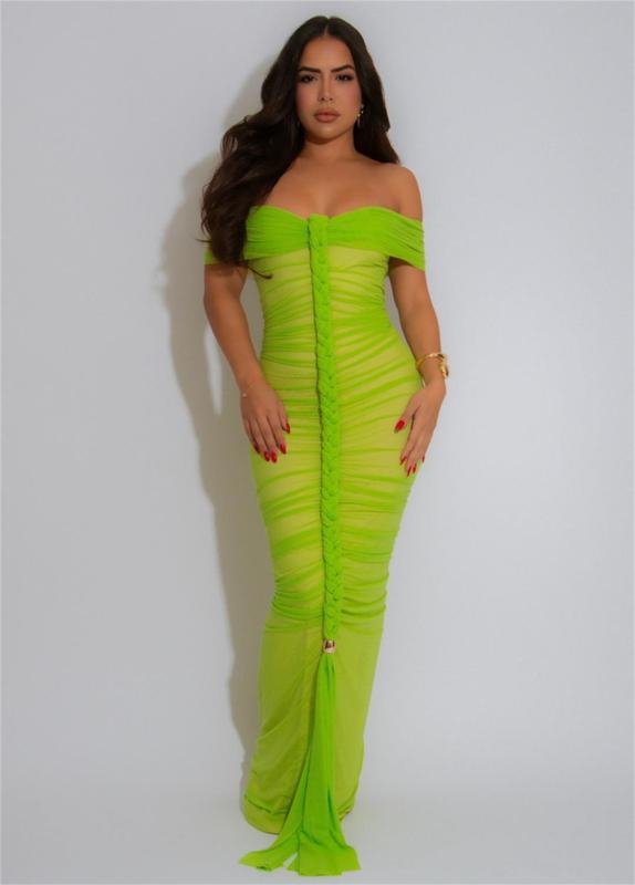 Green Off Shoulder Mesh Lace Lining Weaving Bandage Women Evening Birthday Party Maxi Dress