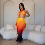 Orange Sleeveless Lace Up Snatched Printed Bodycon Ruffles Midi Dress