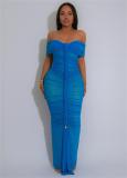 Blue Off Shoulder Mesh Lace Lining Weaving Bandage Women Evening Birthday Party Maxi Dress