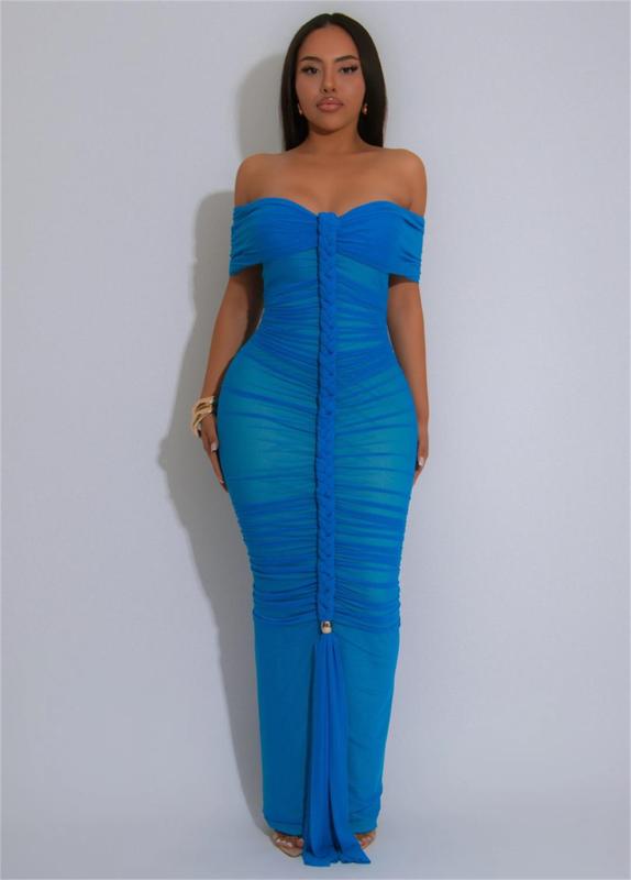 Blue Off Shoulder Mesh Lace Lining Weaving Bandage Women Evening Birthday Party Maxi Dress