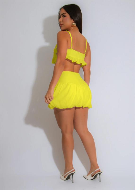 Yellow Straps Sleeveless Ruffles Two Pieces Women Party Mini Skirt Dress