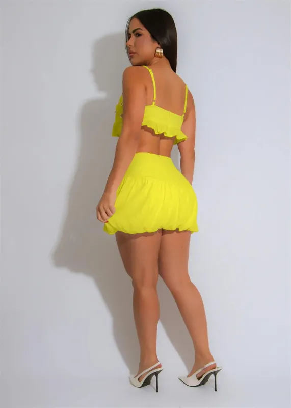 Yellow Straps Sleeveless Ruffles Two Pieces Women Party Mini Skirt Dress
