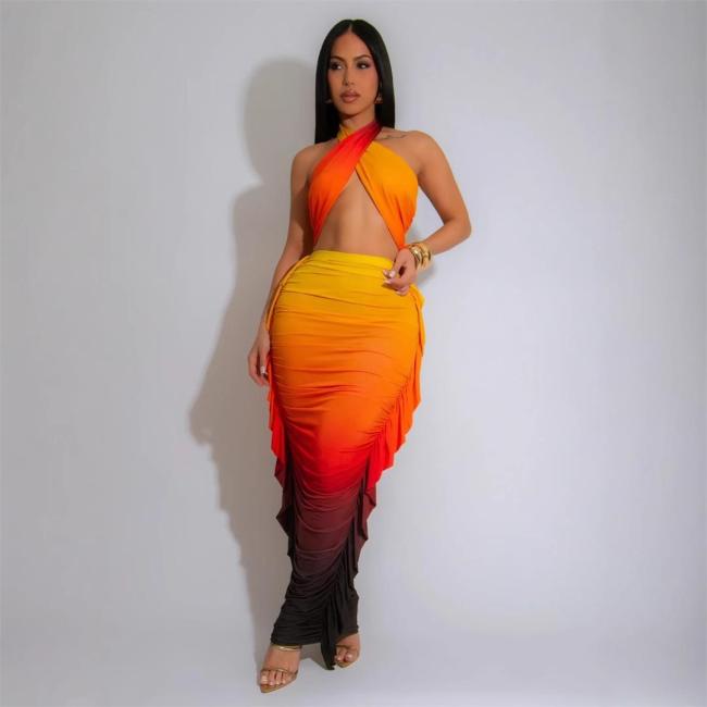 Orange Sleeveless Lace Up Snatched Printed Bodycon Ruffles Midi Dress