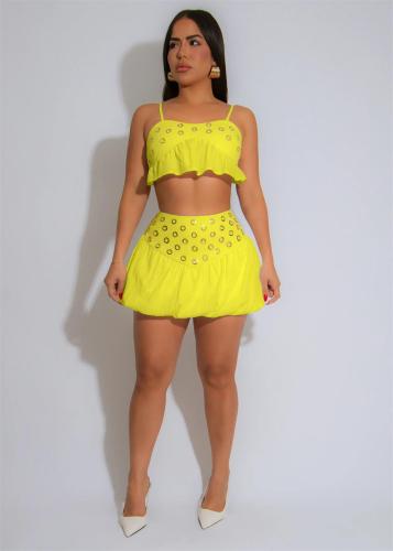 Yellow Straps Sleeveless Ruffles Two Pieces Women Party Mini Skirt Dress
