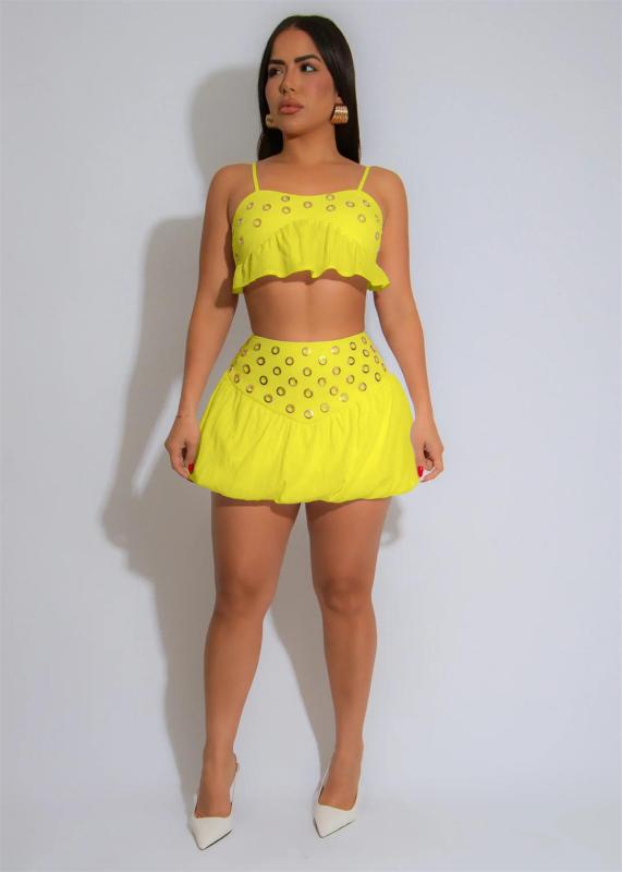 Yellow Straps Sleeveless Ruffles Two Pieces Women Party Mini Skirt Dress
