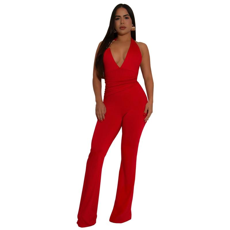 Red Sleeveless Deep V Neck Halter Pleated Women Casual Street Sexy Jumpsuit