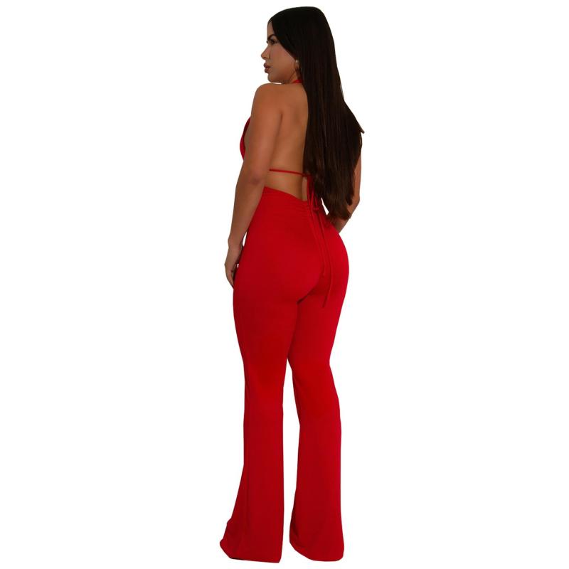 Red Sleeveless Deep V Neck Halter Pleated Women Casual Street Sexy Jumpsuit