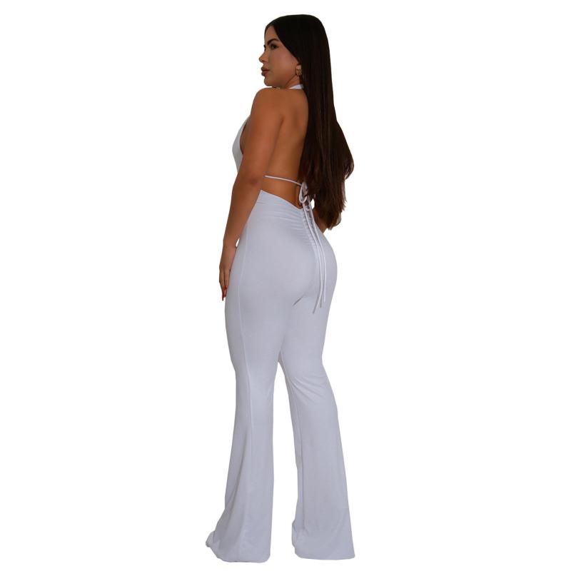 White Sleeveless Deep V Neck Halter Pleated Women Casual Street Sexy Jumpsuit