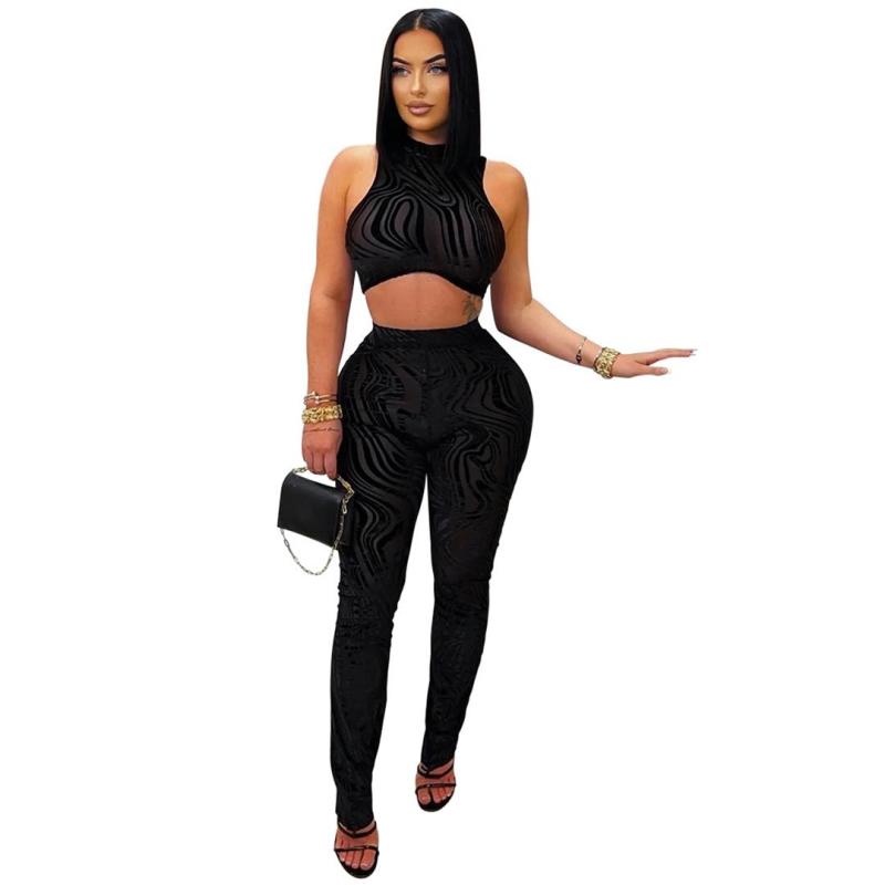 Black Two Pieces Sleeveless Bodycon Sexy Women's Club Pant Sets Dress