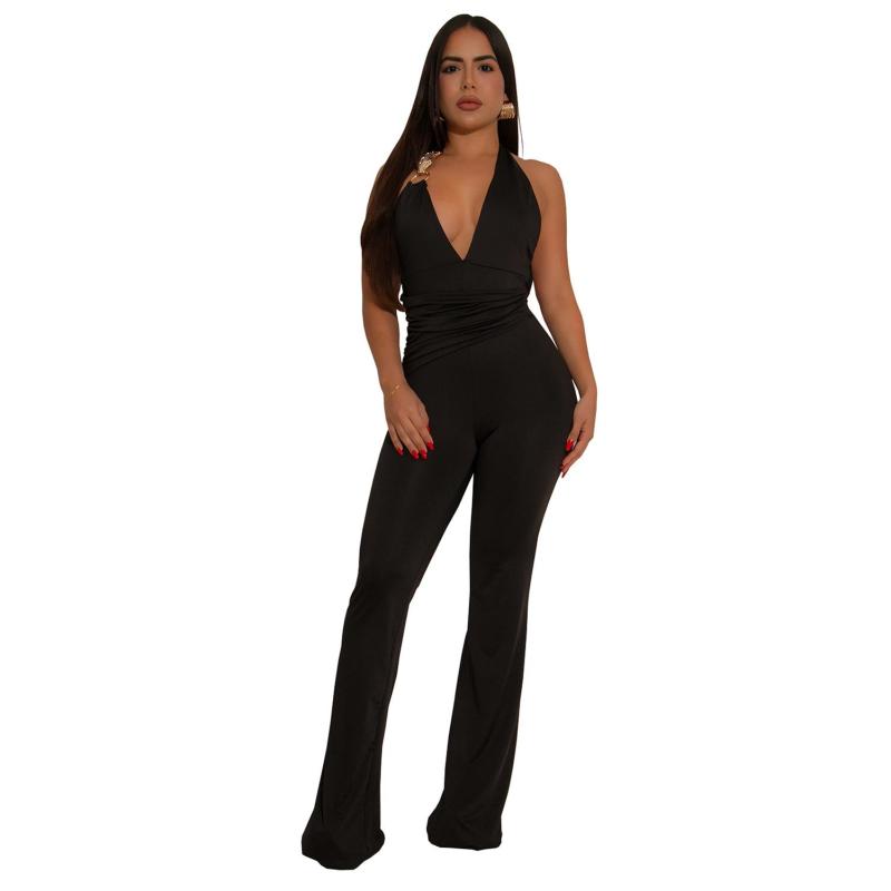 Black Sleeveless Deep V Neck Halter Pleated Women Casual Street Sexy Jumpsuit