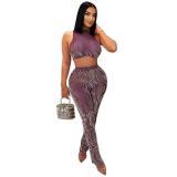 Purple Two Pieces Sleeveless Bodycon Sexy Women's Club Pant Sets Dress