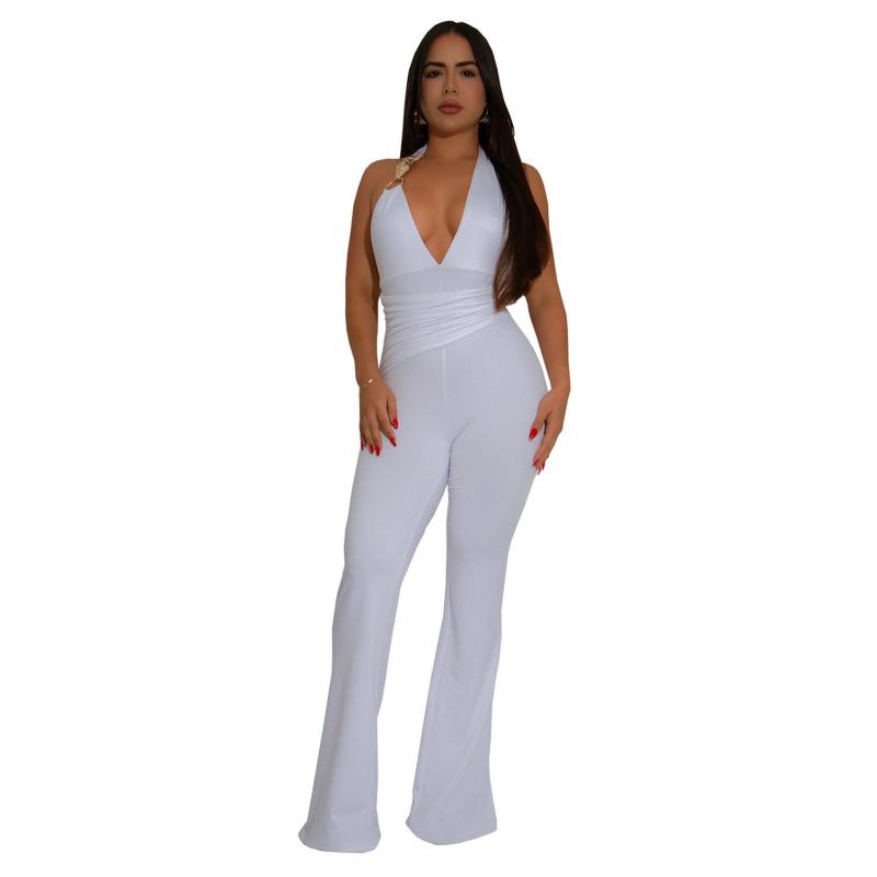 White Sleeveless Deep V Neck Halter Pleated Women Casual Street Sexy Jumpsuit
