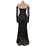 Black Lace Sleeve Two Pieces Elegant Women Formal Evening Prom Dress