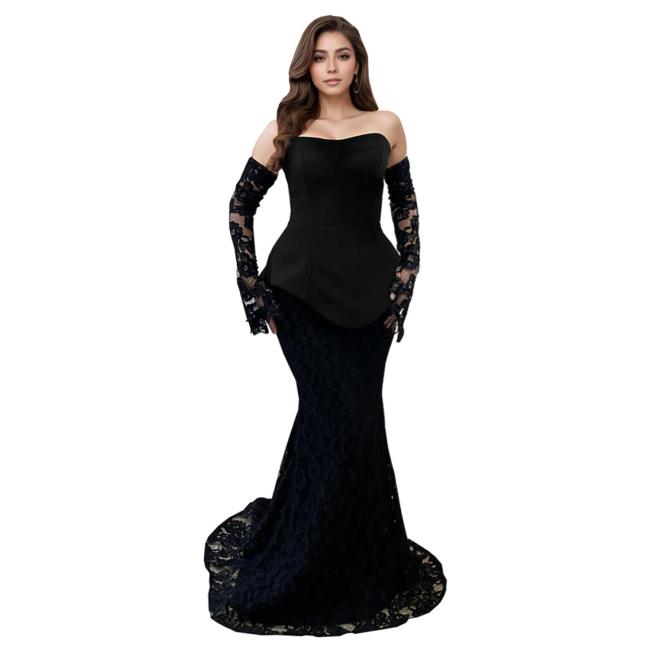 Black Lace Sleeve Two Pieces Elegant Women Formal Evening Prom Dress