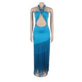 Blue Sleeveless Deep V Neck Bodycon Tassels Evening Prom Maxi Dress