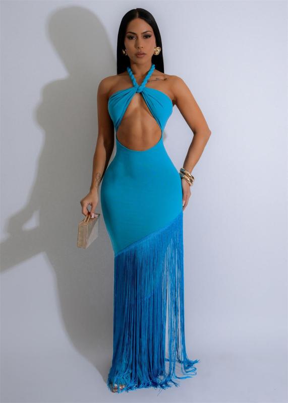 Blue Sleeveless Deep V Neck Bodycon Tassels Evening Prom Maxi Dress