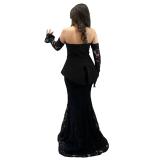Black Lace Sleeve Two Pieces Elegant Women Formal Evening Prom Dress