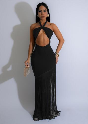 Black Sleeveless Deep V Neck Bodycon Tassels Evening Prom Maxi Dress