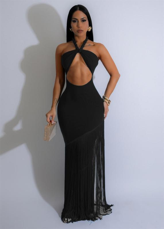 Black Sleeveless Deep V Neck Bodycon Tassels Evening Prom Maxi Dress