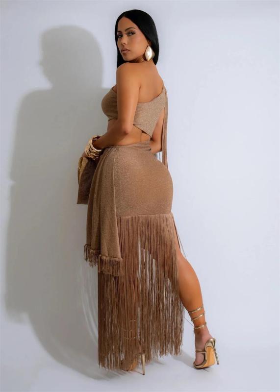 Khaki Sleeveless Tassels Bodycon Cut Out Sexy Evening Club Dress 006