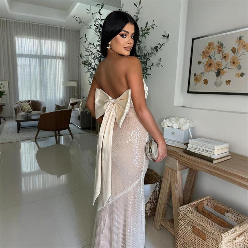 White Off Shoulder Sleeveless Pleated Sequins Evening Party Clubwear