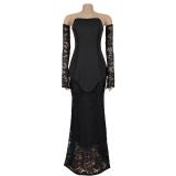 Black Lace Sleeve Two Pieces Elegant Women Formal Evening Prom Dress