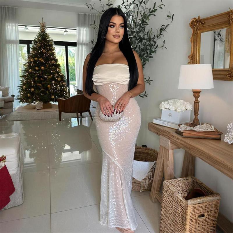 White Off Shoulder Sleeveless Pleated Sequins Evening Party Clubwear