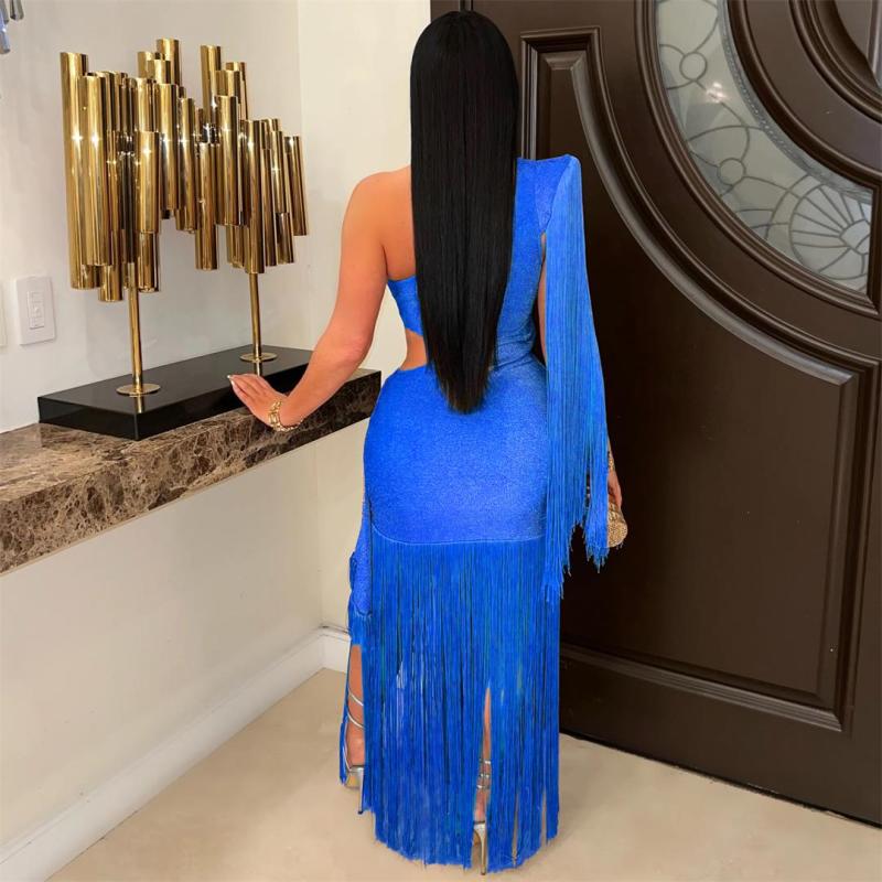 Blue Sleeveless Tassels Bodycon Cut Out Sexy Evening Club Dress