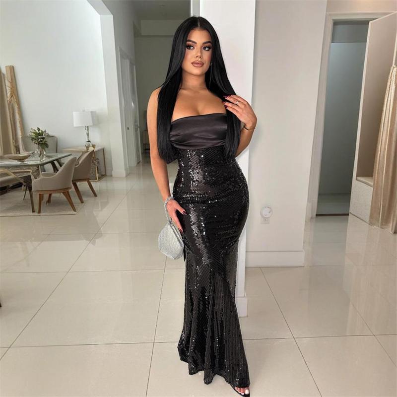 Black Off Shoulder Sleeveless Pleated Sequins Evening Party Clubwear