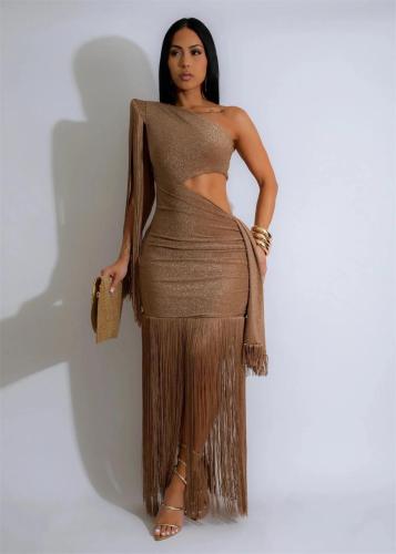 Khaki Sleeveless Tassels Bodycon Cut Out Sexy Evening Club Dress 006