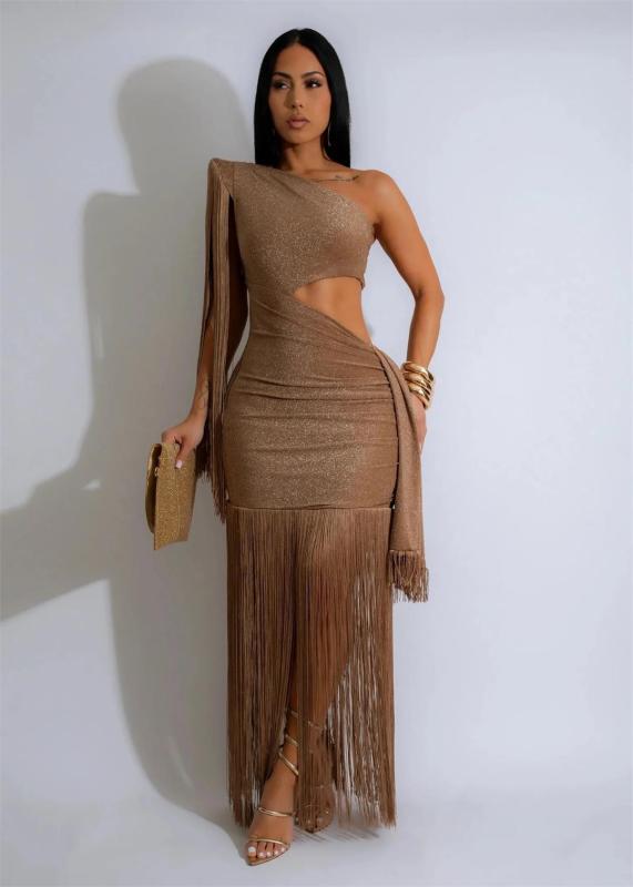 Khaki Sleeveless Tassels Bodycon Cut Out Sexy Evening Club Dress 006