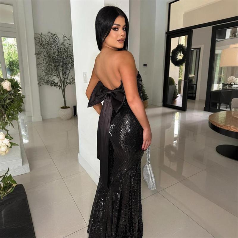 Black Off Shoulder Sleeveless Pleated Sequins Evening Party Clubwear