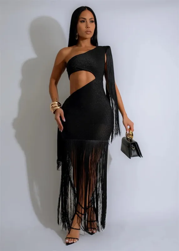 Black Sleeveless Tassels Bodycon Cut Out Sexy Evening Club Dress